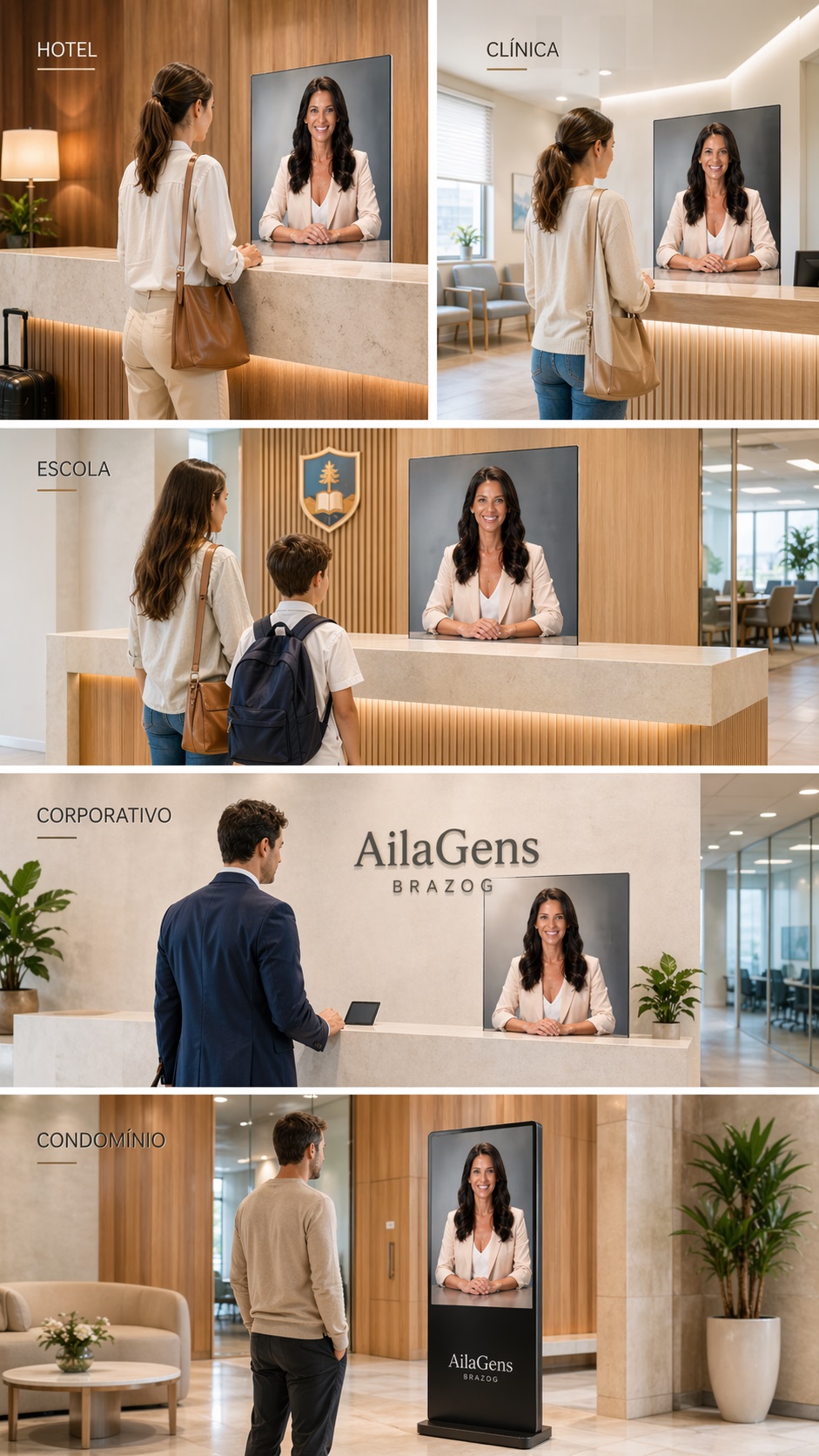 Imagem da AilaGens aplicada em hotel, clínica, escola, recepção corporativa e condomínio